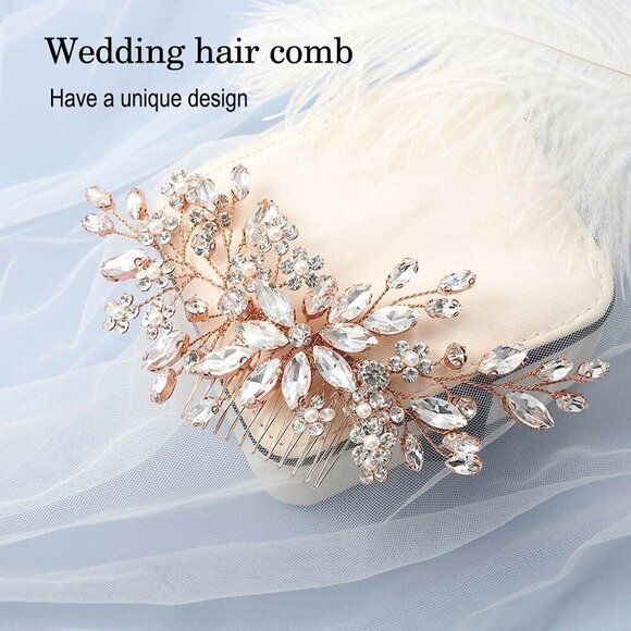 ?Women Gold Flower Crystal Hair Comb Accessories with Pearl Side Comb Headpiece main image 5